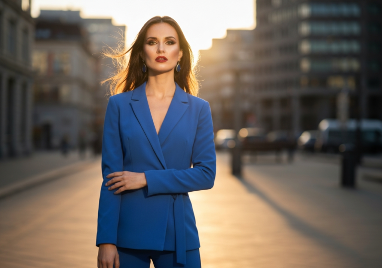 Młoda modna kobieta w kobaltowej stylizacji