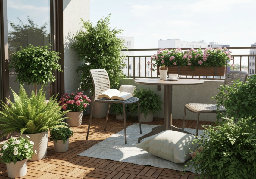 Przytulny balkon z zielonymi roślinami